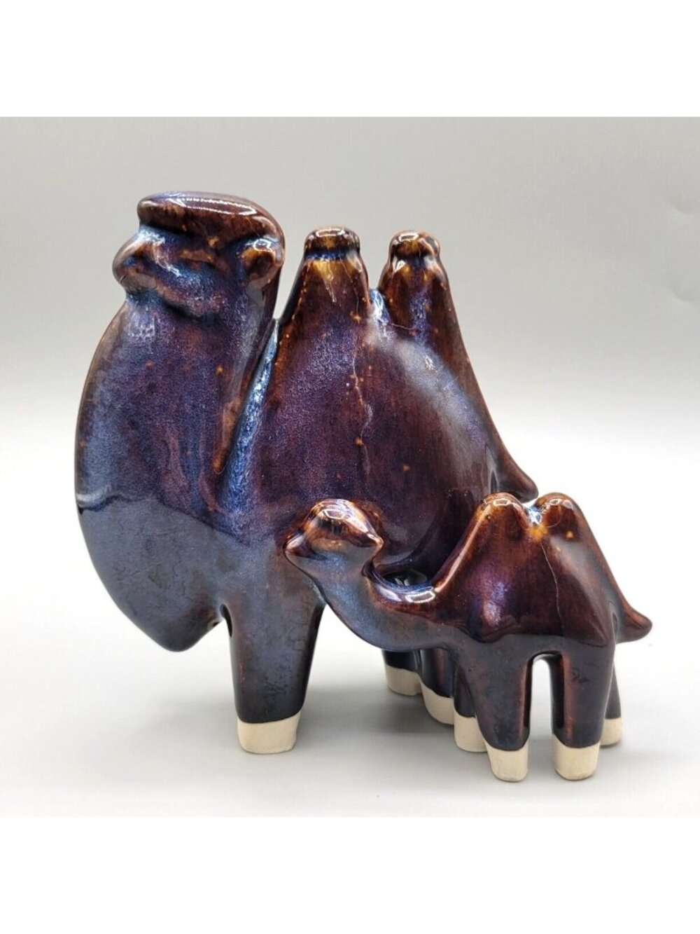 Two Hump Camels Mama and Baby Lava Drip Glaze Studio Art Pottery Blue Purple